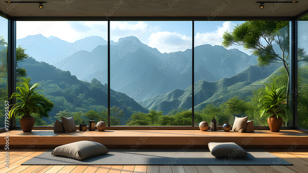 Modern interior design with panoramic view of mountain landscape ...