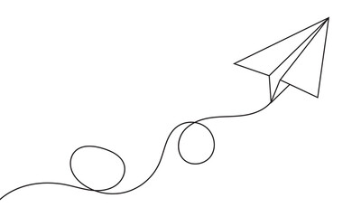 Continuous one line drawing of flying up paper plane. Creative business concept for startup and freedom and travel of craft airplane in simple linear style. Editable stroke. Vector file. EPS 10