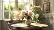 A cozy corner in a dining room featuring a small round wooden table adorned with a vase of freshly picked peonies, infusing the space with a delicate fragrance and natural beauty