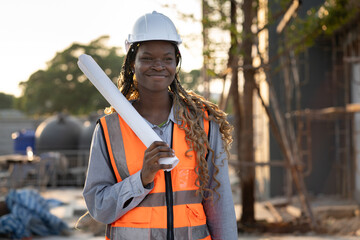 Portrait Worker engineer African woman working with  paper work at construction site	