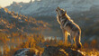 A wolf howling at the sky with a mountain range in the background.
