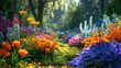 Garden alive with colorful flowers in full bloom, natures palette ,3DCG,high resulution,clean sharp focus