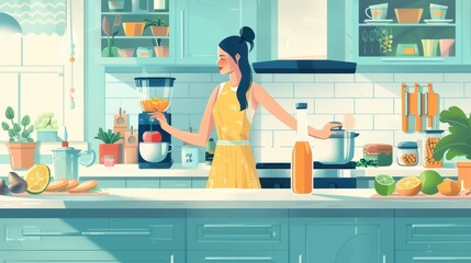 Poster - Cheerful Culinary Masterpiece Crafting Vibrant Detox Smoothie with Superfoods in Modern Kitchen Scene