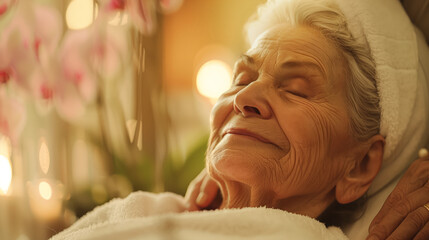 Wall Mural - Concept for relaxation, beautiful old woman, enjoying a spa day, with a massage and calming ambiance, modern