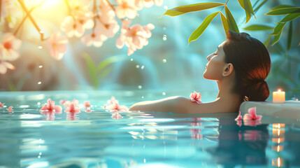 Wall Mural - Concept for relaxation, beautiful woman, enjoying a spa day, with a massage and calming ambiance, bright and serene