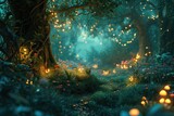 Fototapeta Tematy - A fairytale-inspired magic forest filled with glowing creatures, Dark fairytale fantasy forest. Night forest landscape with magical glows, AI generated