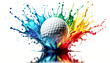 Golf ball in colorful water splashes, on white background