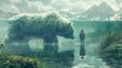 Person Standing Next to Large Bear Near Water in Spatial Concept Art, To convey a sense of adventure and exploration in the great outdoors, while