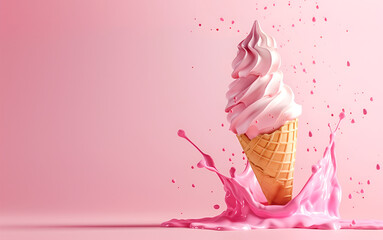 Canvas Print - Creative food template. Soft serve gelato ice cream pastel splashing dripping with melted liquid droplet on pink background. magazine, banner, advertisement. copy text space