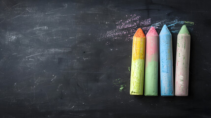 Colorful chalks in different colors on blackboard background with copy space for school