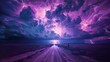 Purple lightning across the sky, huge storms, a cinematic poster. A dirt road, no one, the sky is in purple tones