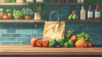 Poster - Assorted Fresh Produce Displayed in Open Paper Bag on Dining Table with Wooden Shelving and Cookware Accents