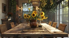 An Inviting Dining Room Featuring A Rustic Wooden Table Surrounded By Woven Chairs, Adorned With A Centerpiece Of Sunflowers And Daisies In A Vintage Metal Pitcher, Exuding Warmth And Charm