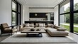 modern living room with fireplace Clean lines, sleek furnishings, and a neutral colour scheme characterise this modern minimalist home interior design, which has an open concept living area that is co