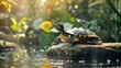 A three-legged turtle basking in the sun on a specially designed platform in its habitat