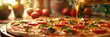 Freshly Baked Pizza with Crispy Crust, Food ingredients and spices for cooking delicious italian pizza Mushrooms tomatoes cheese onion oil pepper salt basil olive on rustic background.
