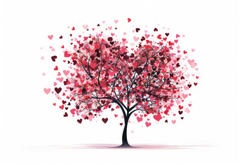 Wall Mural - vector illustration of tree with heart shaped leaves on white background, flying red and pink hearts