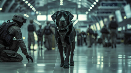 Wall Mural - A black Labrador dog wearing an airport security collar walks through the empty terminal of its bustling home city