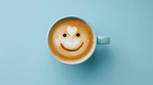 A Cup Of Coffee With The Latte Art Forming A Smile Face On A Light Blue Background
