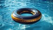 Luxurious black inflatable swim ring with gold accents floating on a tranquil blue pool, reflecting summer opulence.