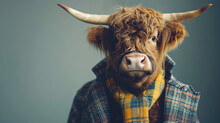 Stylish Highland Cow In Checkered Jacket And Yellow Scarf With A Thoughtful Gaze
