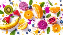 Unnatural Bright Fruit Colors, Falling Juicy Orange Pink Color With Violet Leaves, Banana Blue Color, Strawberry Green Color, Raspberry Yellow Color, Isolated On White Background