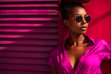 Generative AI image of a stylish woman against a pink backdrop