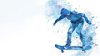 Blue watercolor of skateboard player in action performing trick
