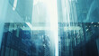 © imlane - A background of office buildings with glass windows, featuring an abstract design with vertical lines and squares in shades of blue and white.