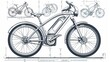 futuristic simple design of an E-Bike, clean linear design black and white, blueprints, white background