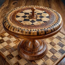 Table.a Captivating Wooden Round Chess Inlaid Table, Featuring Intricate Designs And Meticulous Craftsmanship. Pay Attention To Detail In Carving The Chessboard Pattern Into The Tabletop, Enhancing Th
