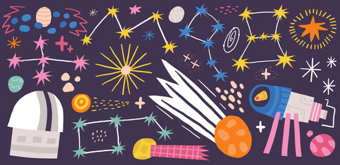 cute space funny hand drawn doodle star, milky way elements, comet, telescope, constellation, nebula