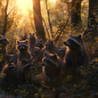Racoon dog family in the forest with setting sun shining. Group of wild animals in nature.
