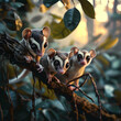 Sugar gliders in the forest with setting sun shining. Group of wild animals in nature.