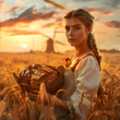 Beautiful young baker woman holding a wooden box full of bakery products standing in the wheat field with windmill and sunset. Concept of high quality food products, local farming and beauty.