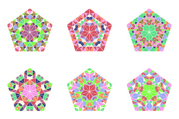 Poster - Isolated polygonal ornate triangle mosaic ornament pentagon logo template set - geometrical abstract colorful vector designs with triangles