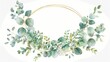 Chic watercolor wreath of eucalyptus and baby's breath in a thin oval gold frame,