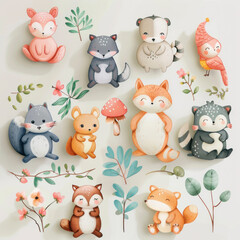 Wall Mural - set of animals, cute animal, shaped illustrations