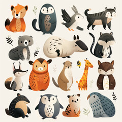 Wall Mural - set of animals, cute animal, shaped illustrations