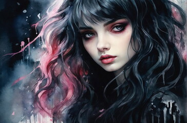 Wall Mural - Watercolor Emo Goth Woman Portrait Art Wallpaper