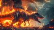 A dinosaur stands defiantly in front of a raging fire and striking lightning, showcasing a powerful and dangerous scene