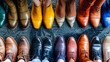 A row of mens shoes standing in perfect alignment, showcasing a variety of styles and colors in a harmonious display