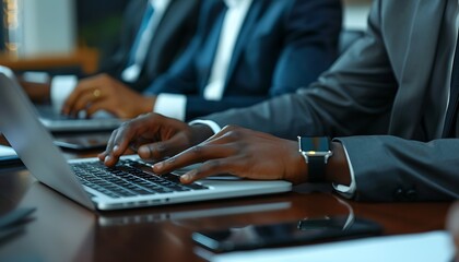 Poster - Detailed view of businessperson typing on laptop during meeting, showcasing work in progress