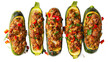 Sausage and pepper stuffed zucchini boats isolated on transparent white background