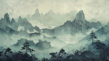 A Few Figures, Low Color Saturation, Rice Paper Texture, Landscape Figurines, And A Mountain Backdrop Are All Present In This Ancient Chinese Ink Painting.