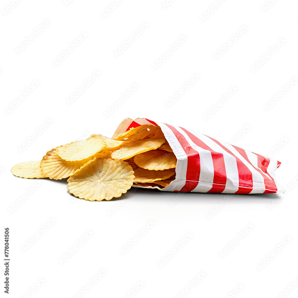 Picnic potato chips in red striped paper bags opened to show golden ...