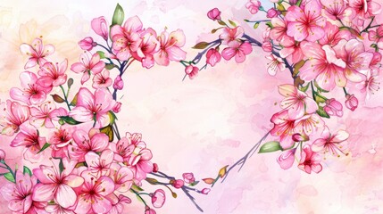 Wall Mural - Watercolor cherry blossom wreath in a heart frame, isolated on bright backdrop,