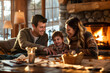 A family enjoys a board game by the warmth of a fireplace, sharing a joyful and cozy moment together.
