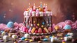 Birthday cake with a sweets, chocolate, candles, cream, confectionery topping.