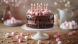 Birthday cake with a sweets, chocolate, candles, cream, confectionery topping.